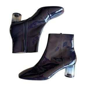 Zara Navy Blue Patent Ankle Boots Square Toe Clear Block Heel ‎ Cybercore  10 41